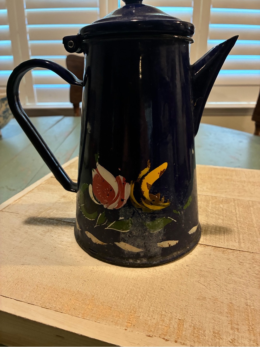 Vintage Navy Blue Hand-Painted Floral Coffee Pot